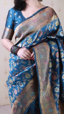 denim blue banarasi jaal silk blend gold zari meenakari woven saree 4