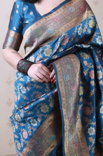 denim blue banarasi jaal silk blend gold zari meenakari woven saree