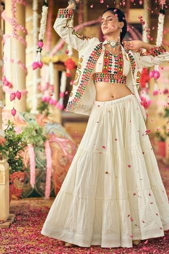 Off White Pure Cotton Embroidery Work Stitched Lehenga