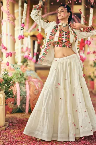 Off White Pure Cotton Embroidery Work Stitched Lehenga