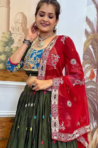 Green Rayon Embroidery Work Navratri lehenga