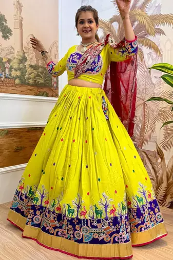 Limen Rayon Embroidery Work Navratri lehenga