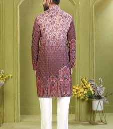 Men's light brown rayon embroidered work with  digital print kurta