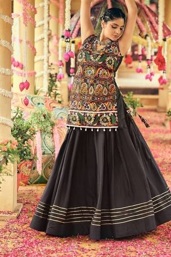 Black Rayon Embroidery Work Navratri Lehenga