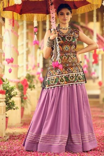 Lavender Rayon Embroidery Work Navratri Lehenga