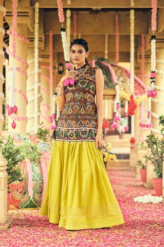 Lime Rayon Embroidery Work Navratri Lehenga