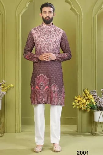 Men's light brown rayon embroidered work with  digital print kurta