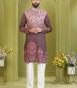 Men's light brown rayon embroidered work with  digital print kurta