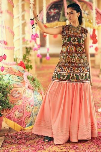 Peach Rayon Embroidery Work Navratri Lehenga