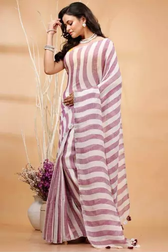 Multicolor handwoven striped linen saree
