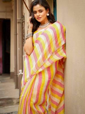 Multicolor handwoven striped linen saree 1