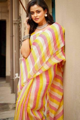 Multicolor handwoven striped linen saree