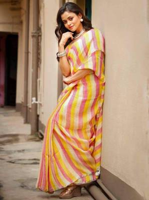 Multicolor handwoven striped linen saree 2