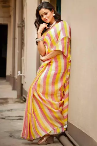 Multicolor handwoven striped linen saree