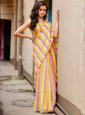 Multicolor handwoven striped linen saree 3