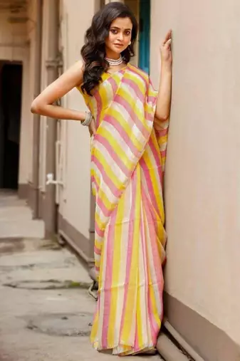 Multicolor handwoven striped linen saree