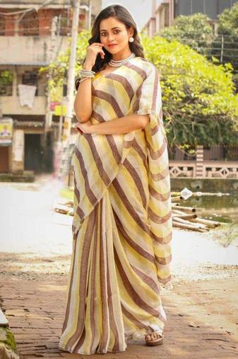 Multicolor handwoven striped linen saree