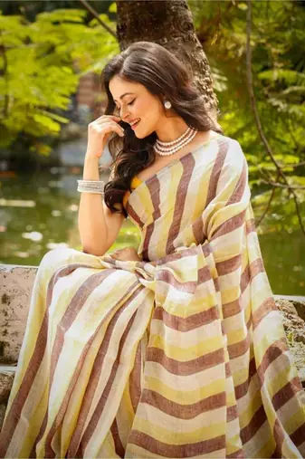 Multicolor handwoven striped linen saree