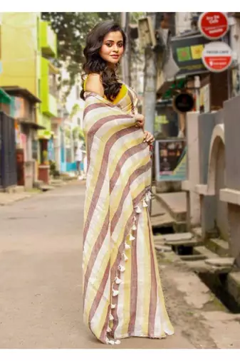Multicolor handwoven striped linen saree
