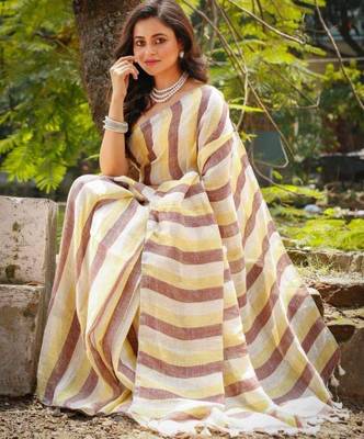 Multicolor handwoven striped linen saree 5