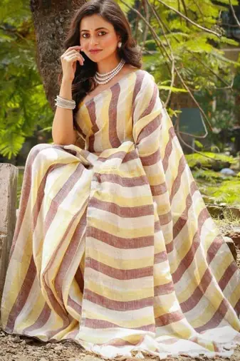 Multicolor handwoven striped linen saree