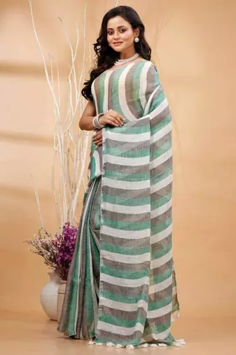 Multicolor handwoven striped linen saree