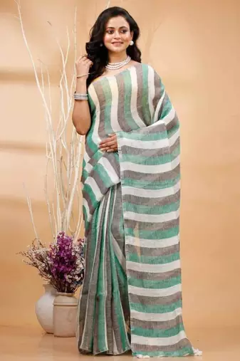 Multicolor handwoven striped linen saree