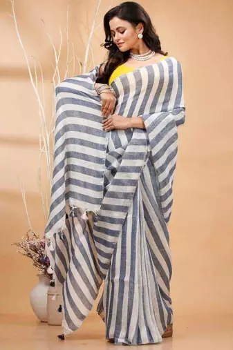 Multicolor handwoven striped linen saree