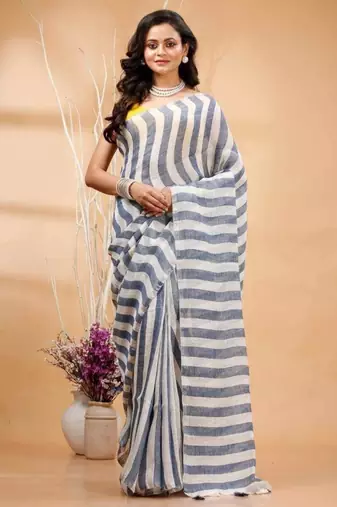Multicolor handwoven striped linen saree