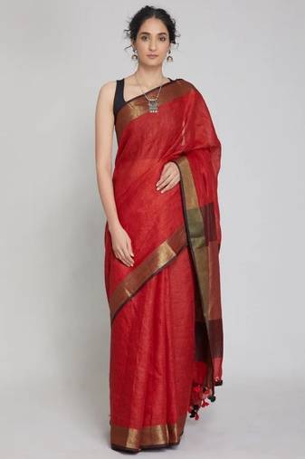 Maroon handwoven linen saree with gold zari border