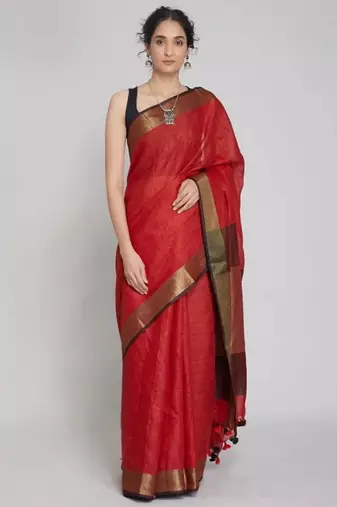 Maroon handwoven linen saree with gold zari border