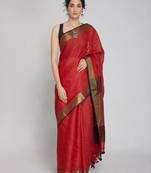 Maroon handwoven linen saree with gold zari border