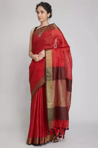 Maroon handwoven linen saree with gold zari border