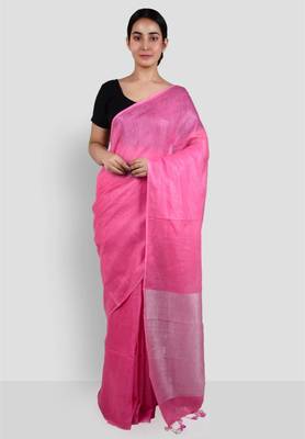 handwoven pink linen saree 1