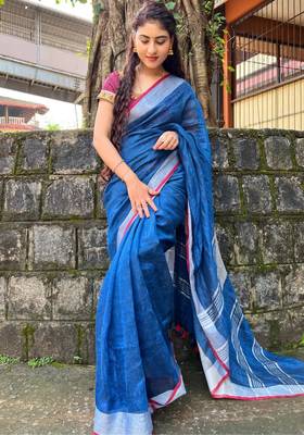 handwoven blue linen saree 1