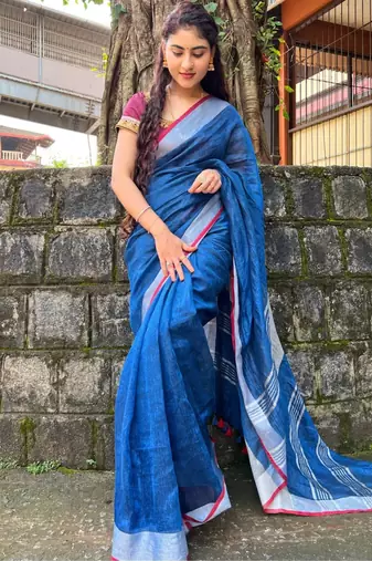 handwoven blue linen saree