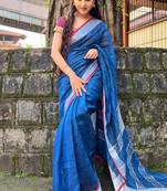 handwoven blue linen saree