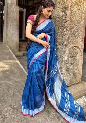 handwoven blue linen saree 2
