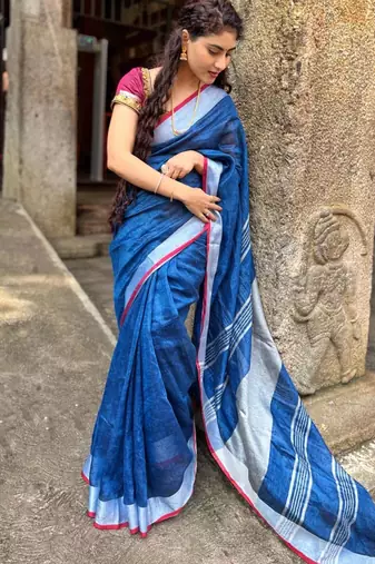 handwoven blue linen saree