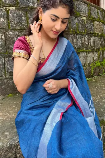 handwoven blue linen saree