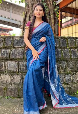 handwoven blue linen saree 4