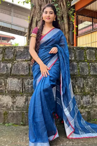handwoven blue linen saree
