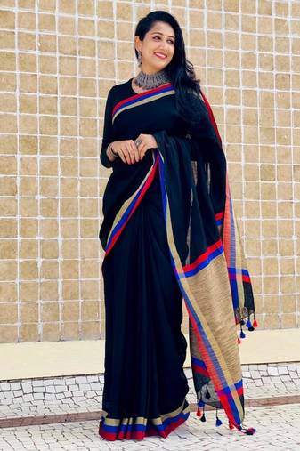 Blue  handwoven linen saree with contrast border