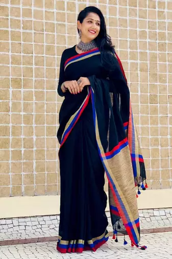 Blue  handwoven linen saree with contrast border