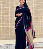 Blue  handwoven linen saree with contrast border