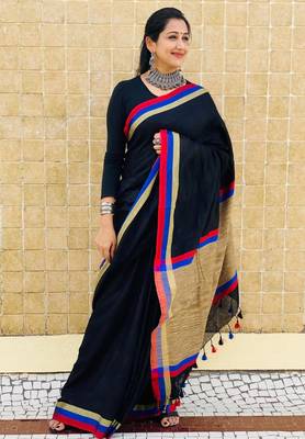 Blue  handwoven linen saree with contrast border 2