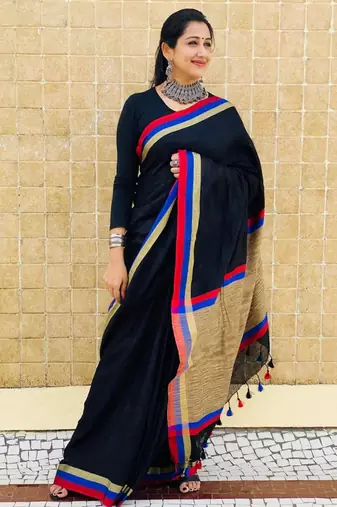 Blue  handwoven linen saree with contrast border