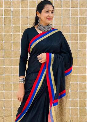 Blue  handwoven linen saree with contrast border 3