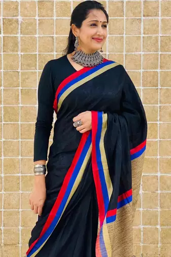 Blue  handwoven linen saree with contrast border