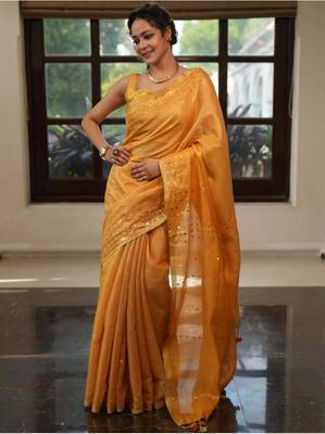 Mustard orange handwoven tissue linen saree with mirror work 3